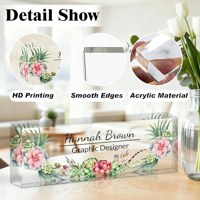 Ship Next Day-Custom Name Plate for Desk, Desk Name Plate Personalized, Acrylic Office Desk Accessories, Appreciation Gifts for Coworkers Employee Teachers Boss Women Men (Succulent Plants)