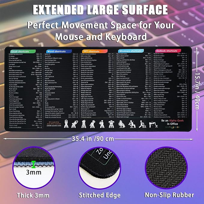 Keyboard Shortcuts Mouse Pad, Windows/Excel/Word/PPT/Classic Outlook Cheat Sheet Desk Mat, Large XXL Mousepad for Employees Coworkers Appreciation Gifts,35.4×15.7 inch