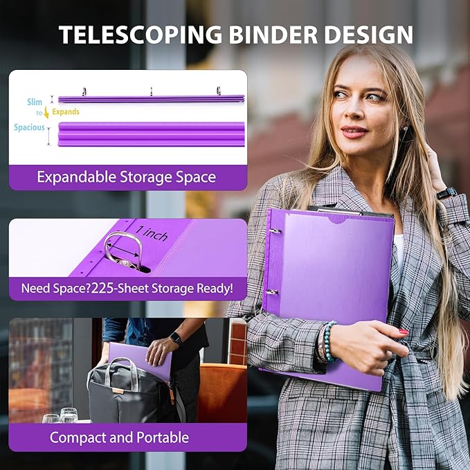 WOT I 1 Inch Telescoping 3 Ring Binder 12 Pack, Expandable Flexible Binder with Customizable Front Cover & Clear Catalog Pocket, Holds 225 Sheets, Assorted Colors, School Office Supplies