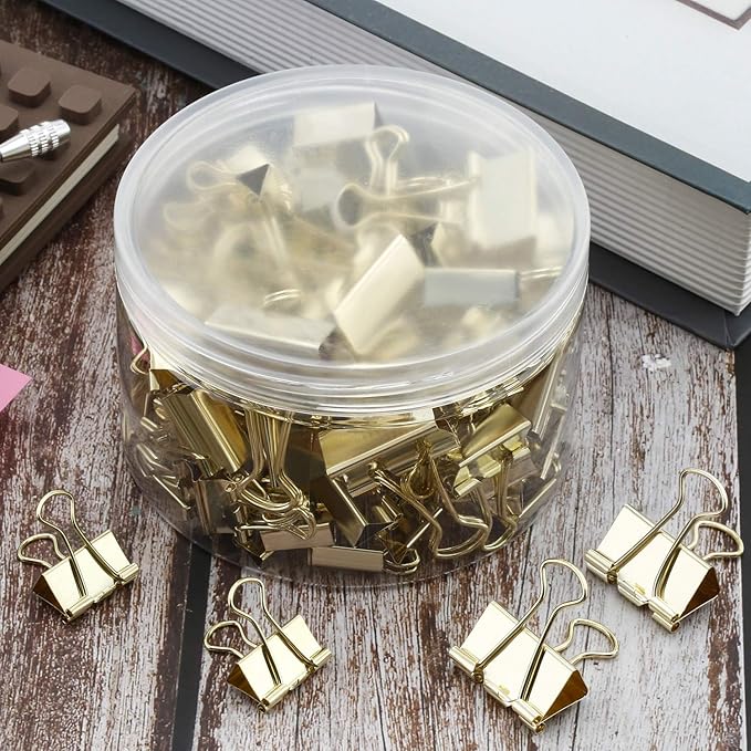 TecUnite 150 Pcs Binder Clips Assorted Sizes Gold Paper Clamps Clips Large Medium Small Office Supplies