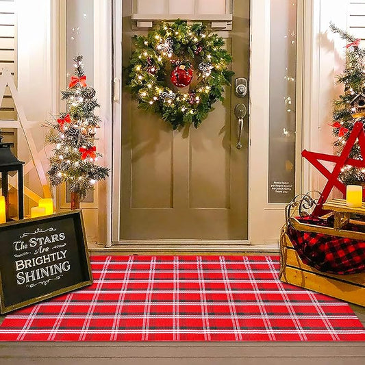 Christmas Red Green White Plaid Rug, 3' x 5' Cotton Hand-Woven Buffalo Check Layered Door Mat for Front Porch, Entryway, Outdoor Holiday Decor, Washable Farmhouse Rug for Home, Patio, Kitchen