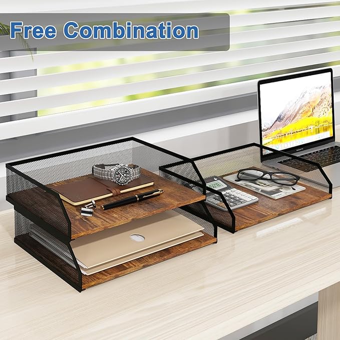 Natwind 3-Tier Stackable Paper Tray, Metal Mesh Desktop Organizer, Paper Sorter, Letter Trays,File Document Storage Rack for for Home, Office, School (Retro)