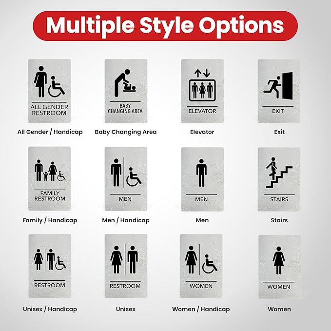 Promot Unisex Bathroom Sign – ADA Braille Restroom Sign for Business, Self-Adhesive, 9" x 6", Commercial Door Signage, Office Wall Decor - Brushed Steel