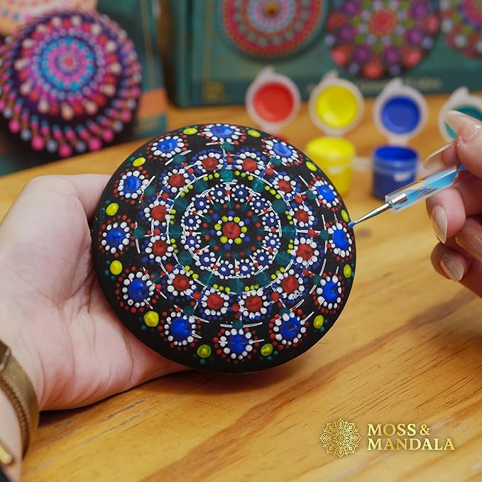Mandala Rock Painting Kit – Mandala Dotting Tools Set - 5 Large Wooden Rocks + 6 Stencils + Acrylic Paints - Relaxing Arts and Crafts for Adults Women - DIY Hobbies Art and Projects Dot Art Kit