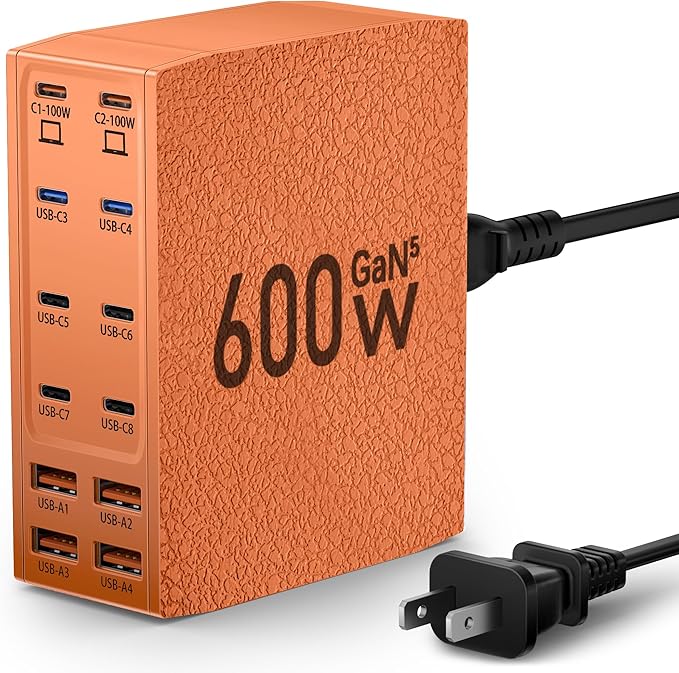 Charging Station (600W),12-Port USB C Charger Block with Dual 100W PD USB-C Fast Charging Station Hub for MacBook Pro/Air/All iPad iPhone 17/16 15/14/13/Pro Max/Samsung Galaxy Note(Orange)