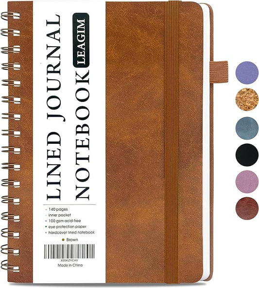 Lined Spiral Journal Notebook for Women & Men, College Ruled Hardcover Notebook for Work & Note Taking, Journals for Writing, 100 GSM, Business, School, 140 Pages, A5(5.8"x8.5") - Brown