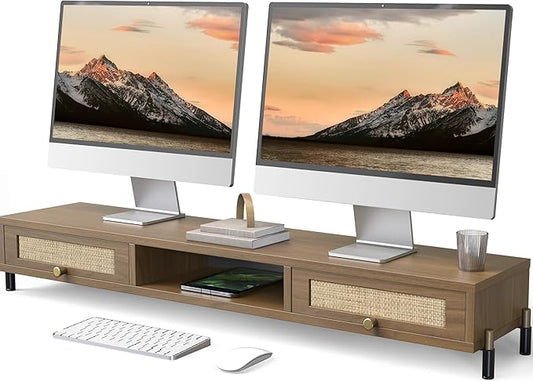 Fenge Dual Monitor Stand for Desk - Long Wooden Riser With Rattan Woven Drawer, 2 Tier Desk Shelf for 2 Monitors, Vintage Computer Stand for Laptop, Printer, TV