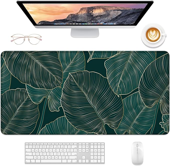Desk Mat, 32" x 16" XXL Extended Large Gaming Mouse Pad, Desktop Decor Desk Pad, Cute Men Women Office Supplies and Accessories, XL Mouse Mat for Laptop & Keyboard, Teal Tropical Leaves