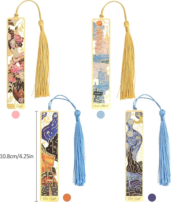 4 Pieces Metal Bookmarks with Tassel, Golden Hollow Bookmark Monet Oil Painting Theme Book Mark Bookmarks for Book Lovers Writers Readers Children Teens for Women Adults