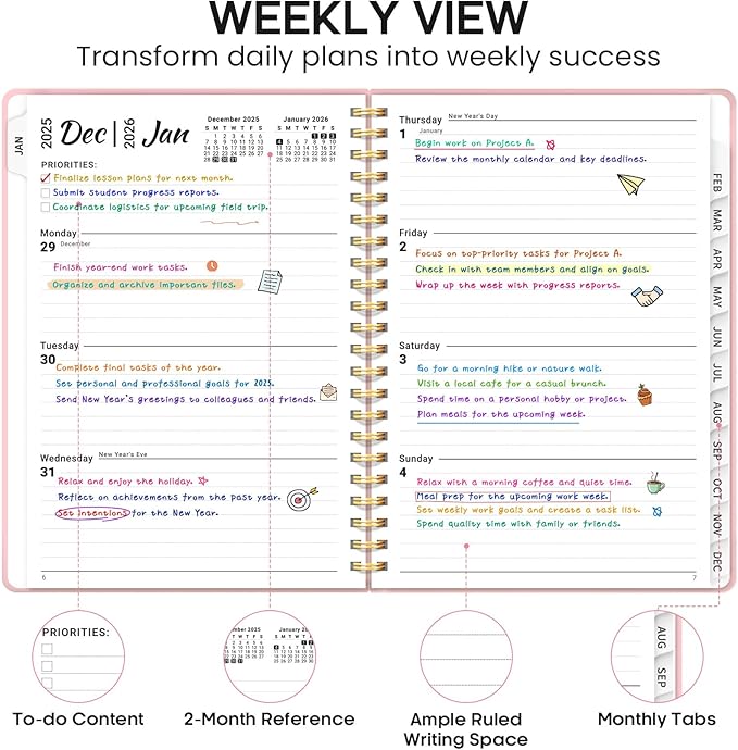 2026 Planner 8.5" x 11", Weekly and Monthly Calendar Planner Book, January 2026 - December 2026, Hardcover Spiral Planner with Monthly Tabs, Notes Pages, Perfect for Women & Men, A4 - Pink