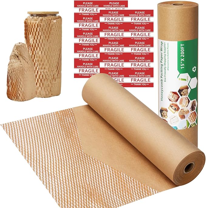 Honeycomb Packing Paper,15" x 200' Bubble Cushioning Wrap Roll for Moving Shipping Packaging Gifts, Recyclable Cushioning Paper Moving Packing Supplies Protective Roll with 20 Fragile Sticker Labels
