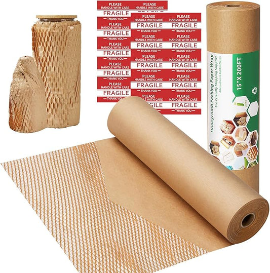 Honeycomb Packing Paper,15" x 200' Bubble Cushioning Wrap Roll for Moving Shipping Packaging Gifts, Recyclable Cushioning Paper Moving Packing Supplies Protective Roll with 20 Fragile Sticker Labels