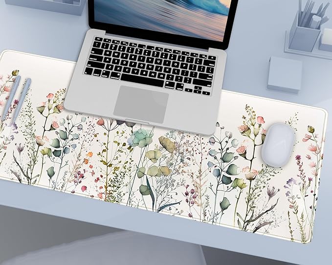 Cute Wild Flower Desk Mat, Boho Aesthetic XL Large Extended Gaming Mouse Pad Desk Pad with Stitched Edges 31.5x11.8 in, Computer Laptop Mousepad Keyboard and Mouse Mat for Women Office Desk Decor