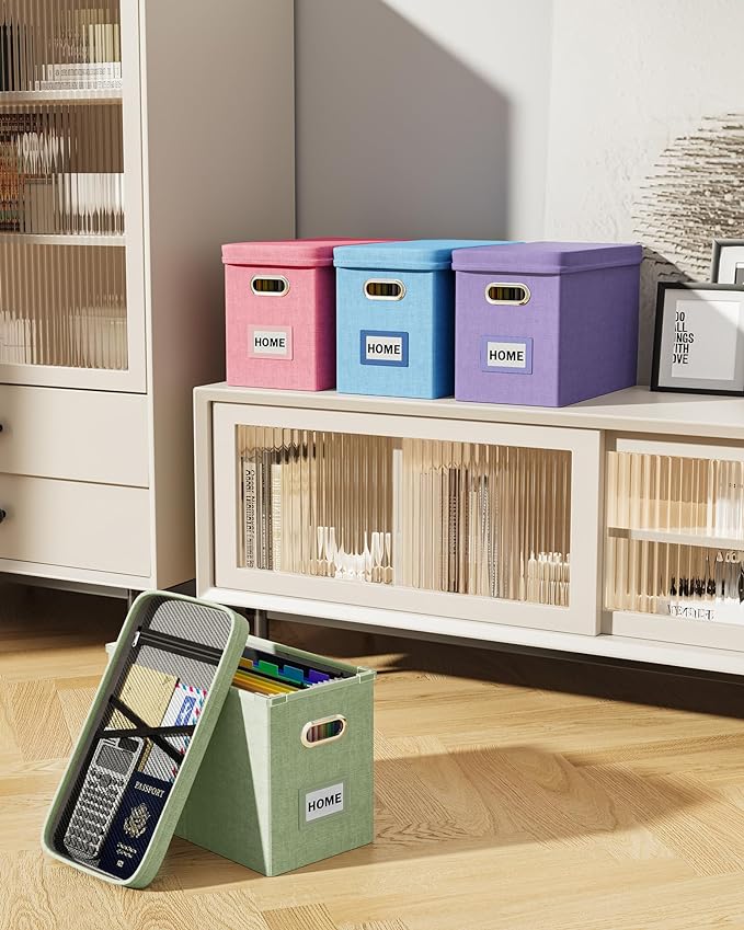 Oterri Hanging Filing File Box with Mesh Pocket, File Organizer Box with Lid, Collapsible Document Organizer Box for Letter Size, Easy Slide Durable Storage Box for Office/Decor/Home (2 PCS, Green)