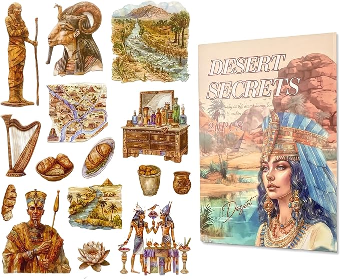 TIAMECH Desert Secrets Sticker Book - Mysterious Egypt Series, 20 Sheets PET & Washi Stickers for Scrapbooking, Ephemera, Waterproof Junk Journaling Supplies & DIY Crafts (Size 10.5 x 7.1in)