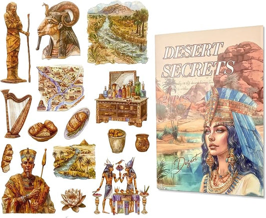 TIAMECH Desert Secrets Sticker Book - Mysterious Egypt Series, 20 Sheets PET & Washi Stickers for Scrapbooking, Ephemera, Waterproof Junk Journaling Supplies & DIY Crafts (Size 10.5 x 7.1in)