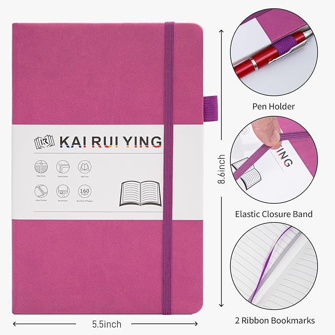 KaiRuiYing Lined Journal Notebook with Pen Holder, 160 Pages, 5.5'' × 8.6'' Medium Size A5-100 GSM Thick Paper, for Writing, Work, Office, Leather Hardcover