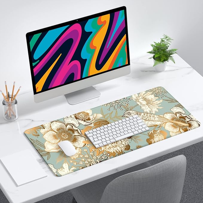 Desk Mat, 32" x 12" XXL Extended Large Gaming Mouse Pad, Desktop Decor Desk Pad, Cute Men Women Office Supplies and Accessories, XL Mouse Mat for Laptop & Keyboard, Retro Flower and Bird