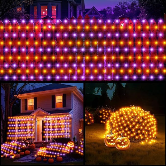 HYH Halloween Net Lights,360 LED 12FT x 5FT Halloween Decor Fairy Orange&Purple with 8 Modes String Connectable Waterproof Outdoor Lights,Hanging Light for Indoor Party Yard Garden Bushes Decorations