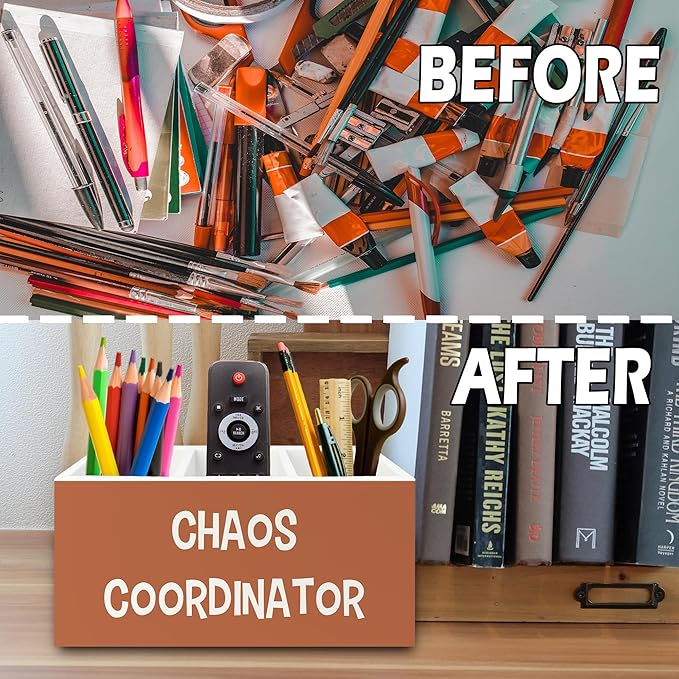 Chaos Coordinator Orange Pen Pencil Holder Organizer for Desk, Thank You Gifts for Women Men Coworkers Boss Leader Manager, Appreciation Gifts Wooden Box Sign for Office Tabletop Decorations