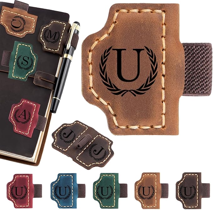 Personalized Magnetic Leather Bookmark with Pen Holder - 26 Letters Custom Book Mark with Name Initial Engraved Book Marker for Readers, Book Lovers, Travelers - Gift for Women & Men(Light Brown，U