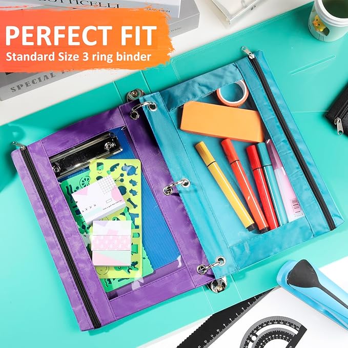 Marspark 48 PCS Pouch Bag for 3 Ring Binder - Bulk Zipper Pencil Binder Pouches with Clear Window for School Office Utensils Storage Supplies(Bright Color)