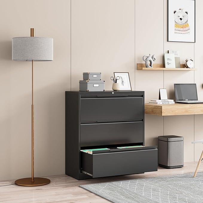 Lateral File Cabinet, 3 Drawer Lateral File Cabinet with Lock, Lockable Metal File Cabinet for Home Office, File Cabinet for Letter/Legal/F4/A4 Size (Black, 3 Drawer)