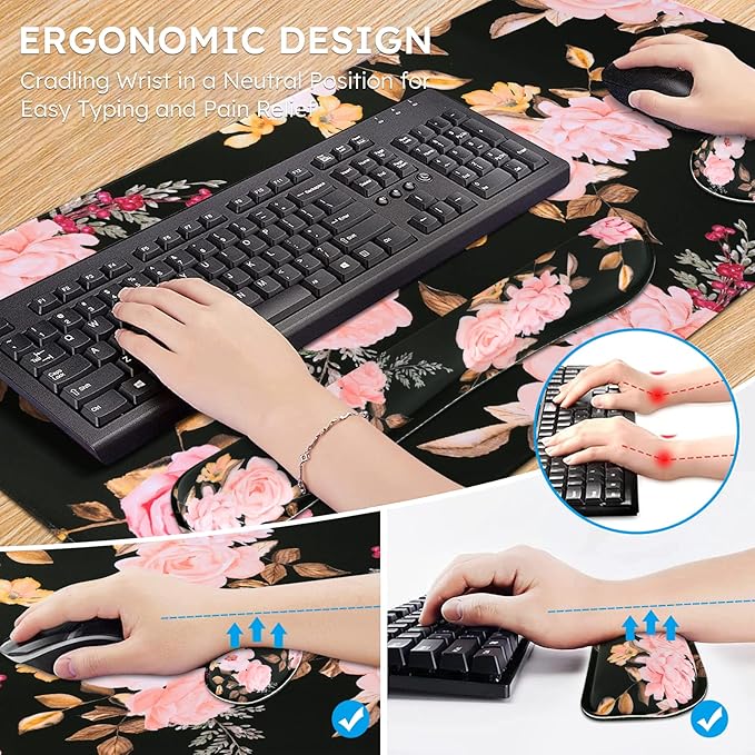 iCasso Keyboard Mouse Pad Set,Extended Gaming Mouse Pad + Keyboard Wrist Rest Support, Memory Foam, Easy Typing Pain Relief, 3Pcs (35.4×15.7 in) Large Ergonomic XXL Thick Mousepad Desk Mat