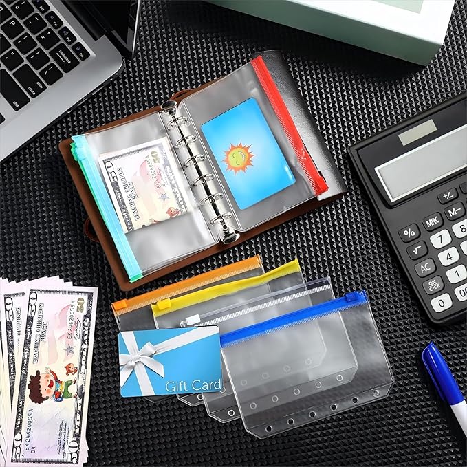 40 Pieces 6 Ring Binder Zipper Pouch, 6 Hole Binder Pockets with Zipper Bulk Binder Folders Plastic Binder Pouch Loose Leaf Bags Waterproof PVC Document Filing Bag(Colorful, A7)