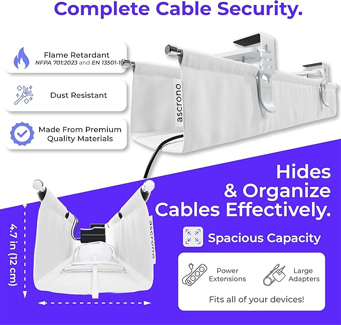 Ascrono Original No Drill Under Desk Cable Management Tray 27.3" - Premium White Fabric Cable Management Under Desk - Clamp/Screw Mount Cord Organizer - Supports Upto 66lbs