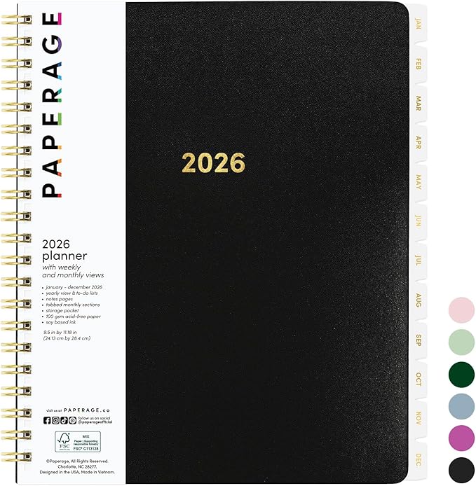 PAPERAGE 2026 Weekly & Monthly Planner, 12 Months (January 2026 - December 2026), 9.2 in x 11.2 in, Spiral Bound 2026 Planner with Weekly, Monthly & Yearly Views, Note Pages & Inner Pocket – Black