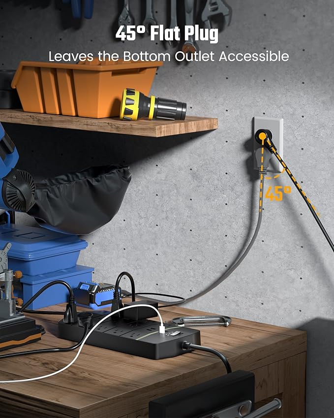 Power Strip,SUPERDANNY 5000 Joules Surge Protector with 13 AC Outlets 2 USB-A & 2 USB-C PD 20W Fast Charging Heavy Duty 14AWG/3C Industrial Grade Extension Cord for Workbench Home Office Black