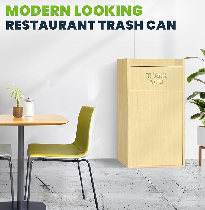 Alpine Restaurant Trash Can Cabinet with Tray Holder - Thank You Trash Can, Commercial 40 Gallon Garbage Can Cabinet for Restaurants, Cafeterias (Oak)