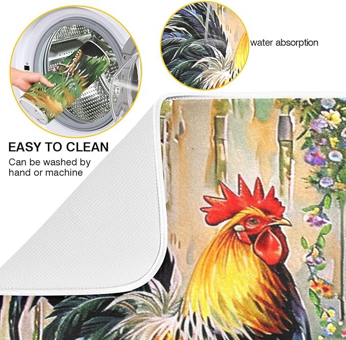 Rooster Flowers Dish Drying Mat 18 X 24 Inch Farm Cock Chick Floral Kitchen Rack Mats Dry Dishes Pads Tableware Mat Absorbent Microfiber Protector for Kitchen Countertops Counter Home Decor