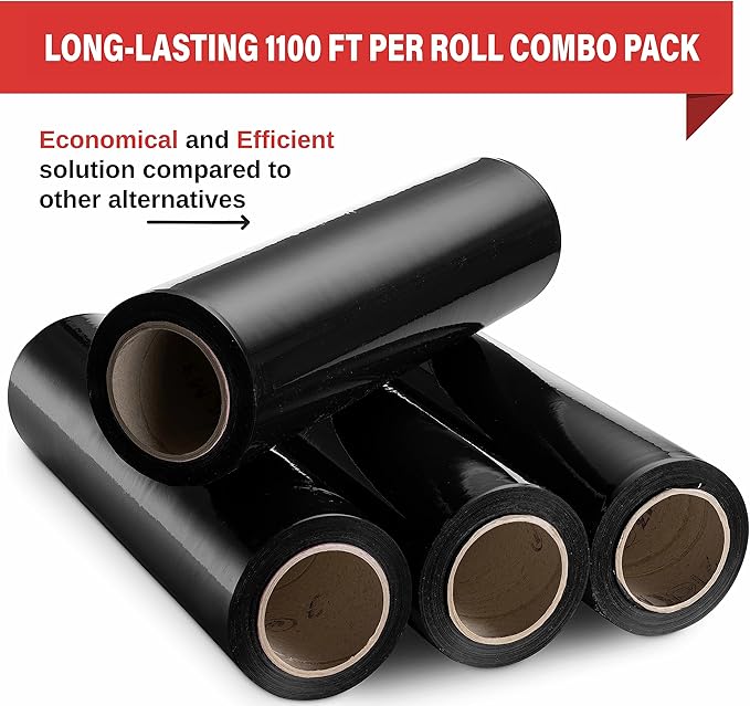 Black Industrial Strength Extra Thick 4 Pack 17.5" 1100 SqFt 80 Gauge (20 Micron) Shrink Wrap Roll for Moving, Furniture, Pallets, Packing