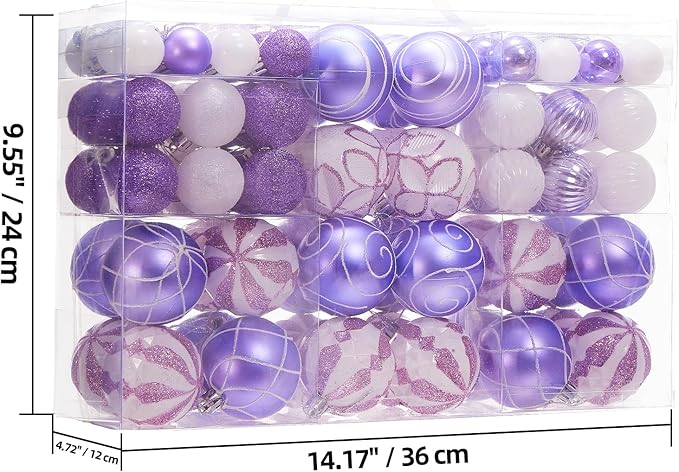 100Pcs Elegant Christmas Balls Set Christmas Tree Ornaments with Glitter and Patterns Bulk Ornaments for Tree as Festive Christmas Decor Xmas Ball Set Purple White