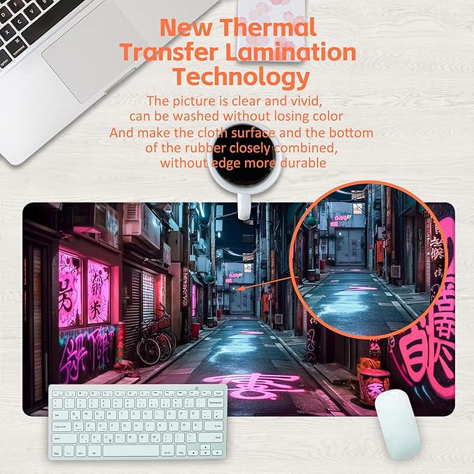 Desk Pad, Anime City Street Scene Desk Mat, Pink Neon Street Large Gaming Mouse Pad for Desk, 31.5"x15.7" Extended Big Computer Keyboard Mouse Pad with Non-Slip Base and Stitched Edge