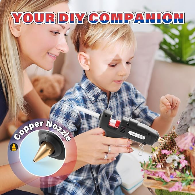 DIYSELF Hot Glue Gun, Full Size, 1 PCS Glue Gun with 20 Glue Sticks, Glue Gun and Sticks Set, Hot Glue Gun Kit for Crafts, Fabric, Woodworking, Craft Glue Guns, Heavy Duty Glue Gun, 60/100W(Black）