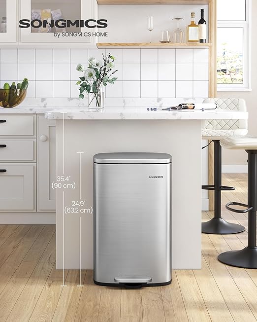 SONGMICS 13 Gallon (50 L) Trash Can, Stainless Steel Kitchen Garbage Can, Recycling or Waste Bin, Soft Close, Step-On Pedal, Removable Inner Bucket, Silver ULTB050E01