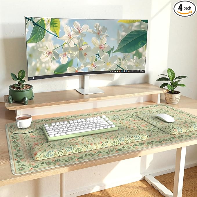 iLeadon Mouse Pad with Wrist Rest, Non-Slip Desk Mat for Keyboard and Mouse, Mouse Pad Sets for Women Desk, Wrist Pads for Keyboard, Floral Mat for Home Office (Light Green)