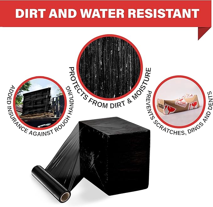 Simply Cool Black Stretch Wrap Industrial Strength Extra Thick 17.5" 1100 SqFt 80 Gauge (20 Micron) Shrink Wrap Roll for Moving Supplies, Furniture, Pallets, Plastic Wrap for Packing, Stretch Film