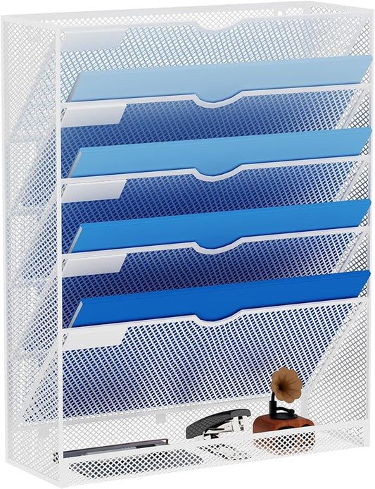 Hanging Wall File Organizer 6 Tier Wall Mounted File Holder Document Wall Organizer Magazine Organization for Office Home, White