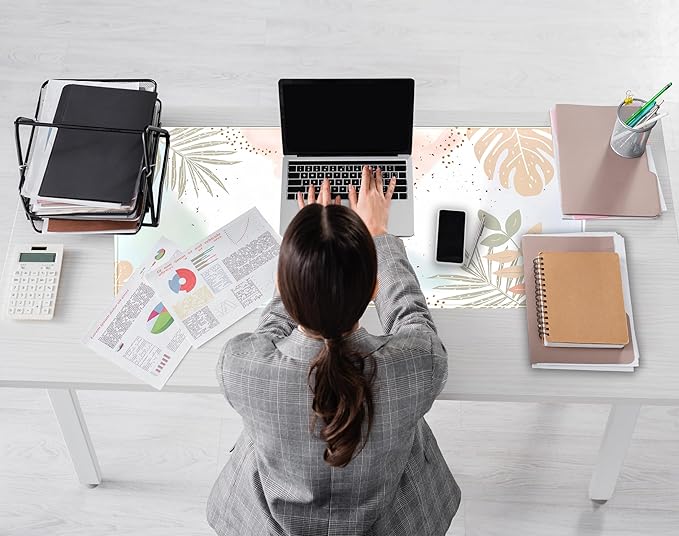Pastel Boho Leaf Desk Mat Aesthetic Gaming Mouse Pad XL Large Extended Desk Pad Anime Desk Matt for Desktop, Laptop Computer Keyboard and Mouse Mat for Women Office Decor Accessories 31.5x11.8 in