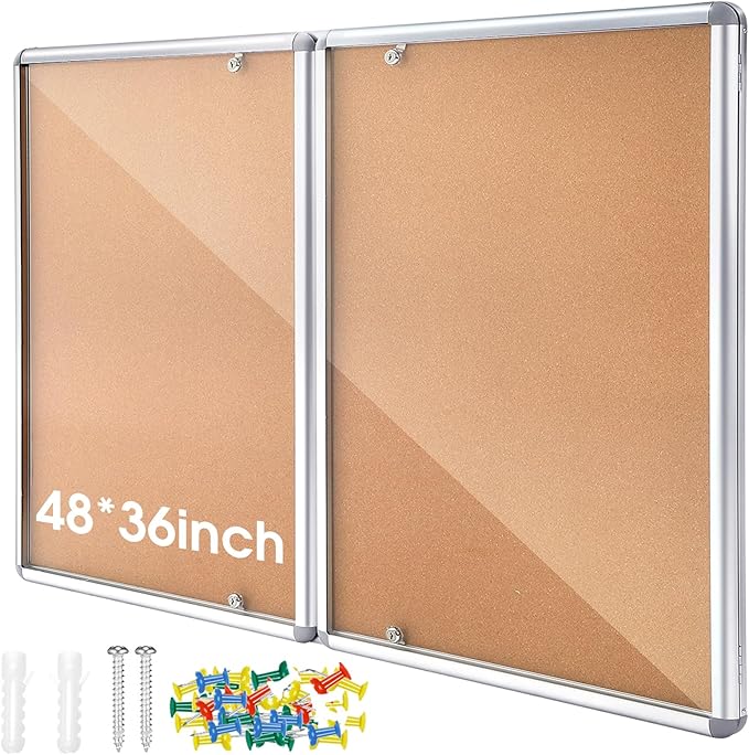 Enclosed Bulletin Board 48" x 36" Weather Resistant Lockable Notice Cork Display Board Wall Mounted 2 Locking Door for School Classroom Commercial Back to School, 12 x A4(Brown, Silver Frame)
