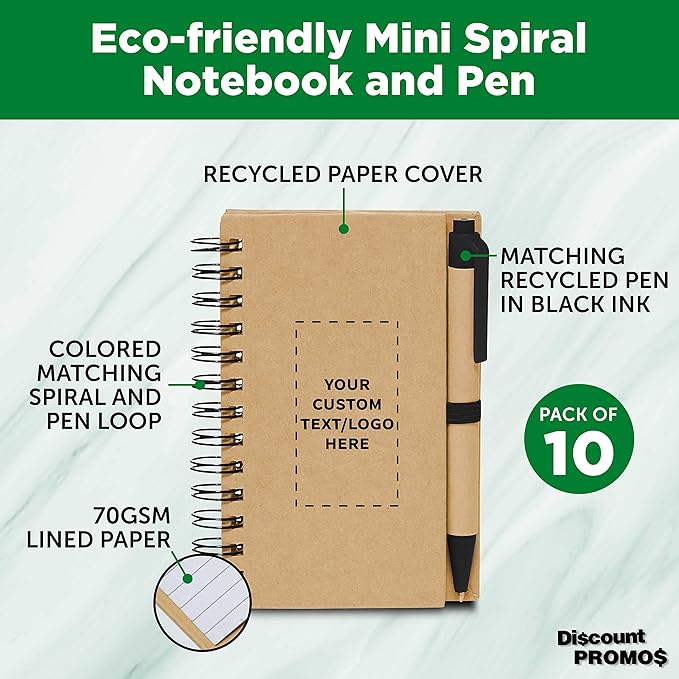 Custom Mini Spiral Notebooks with Black Ink Pens Set of 10, Personalized Bulk Pack - Perfect for School, Office, Business, Home - Black