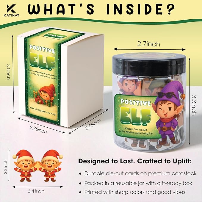 Positive Elf Jar – 60 Funny Emotional Support Elf, Christmas Gifts for Teens, Women, Men, Coworkers, Teachers, Sisters, Friends – Christmas Stocking Stuffer for Teen Girls, Boys, Women