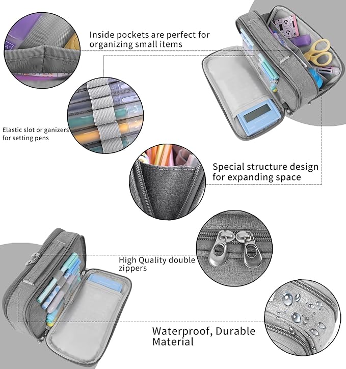 Pencil Case Pen Bag Holder Pouch Large Handle Big Capacity Desk Organizer Storage Marker Box Stationary Makeup Cosmetic Double Zippers for School Office Students Teen