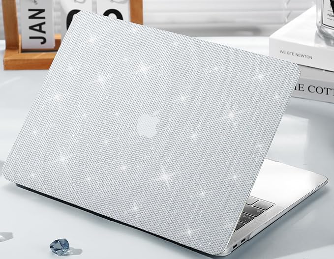 KEROM Bling Glitter Case for MacBook Pro 16 inch 2024-2021 M4 M3 M2 M1 Pro/Max Chip A3403 A3186 A2991 A2780 A2485, Luxury Bedazzled Shiny Sparkle PU Leather Hard Shell Case & Keyboard Cover, White