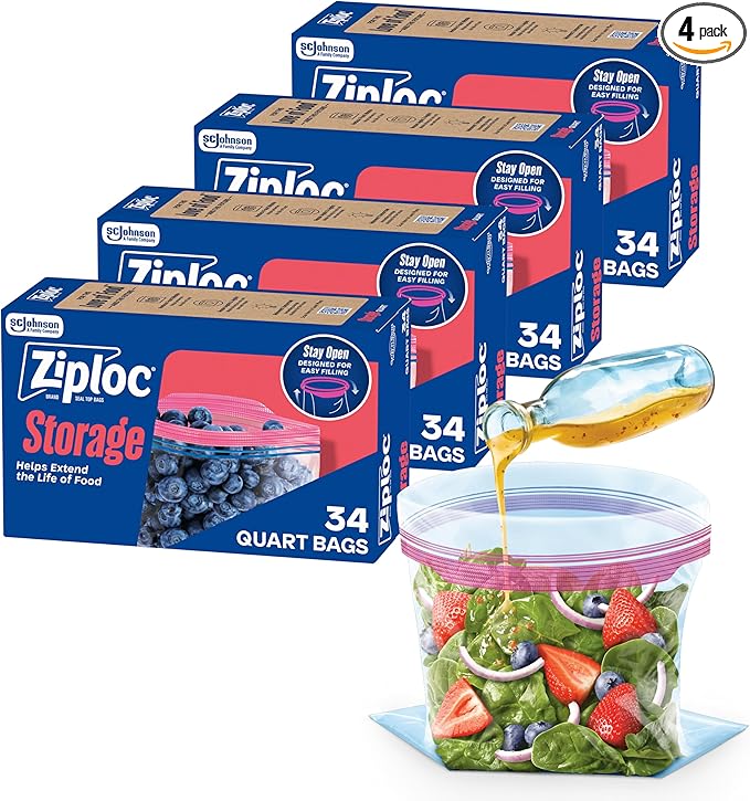 Ziploc Quart Food Storage Bags, Stay Open Design with Stand-Up Bottom, Easy to Fill, 136 Count (Packaging May Vary)