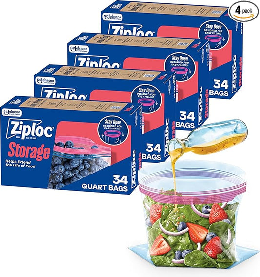 Ziploc Quart Food Storage Bags, Stay Open Design with Stand-Up Bottom, Easy to Fill, 136 Count (Packaging May Vary)